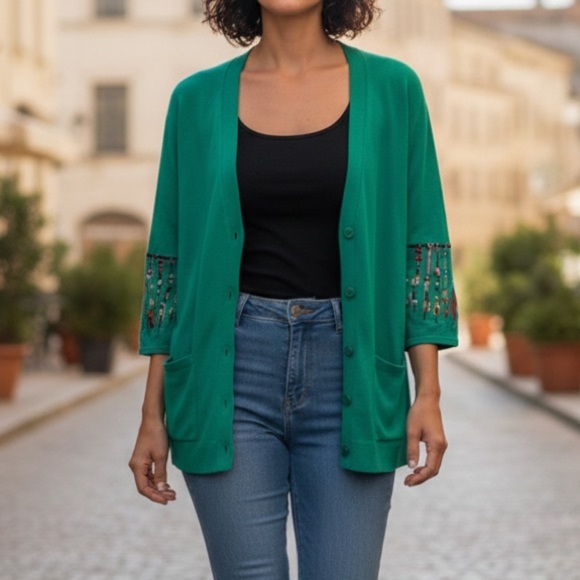Bob Mackie Sweaters - Bob Mackie Teal Embroidered Button Up Cardigan Dreamcatcher 2X